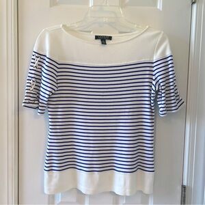 Lauren Ralph Lauren Women's Navy and White Striped Boatneck Tee Size M